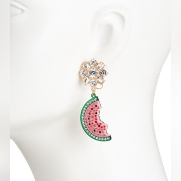 🍉🔹️Betsey Johnson🔹️ Backyard Watermelon Rhinestone Pink Drop Earrings - Picture 5 of 5